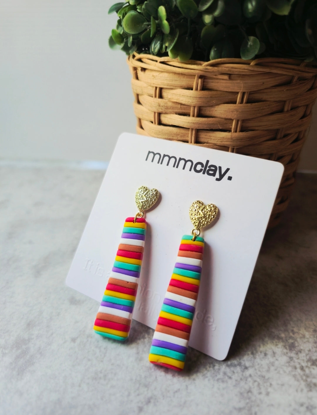 Rainbow Striped Heart Drop Earrings | Handmade Polymer Clay