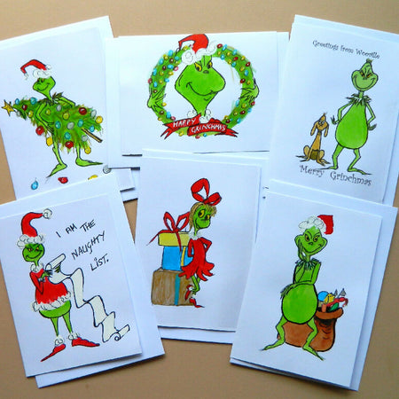 Hand painted novelty Grinch Christmas Cards set of 6