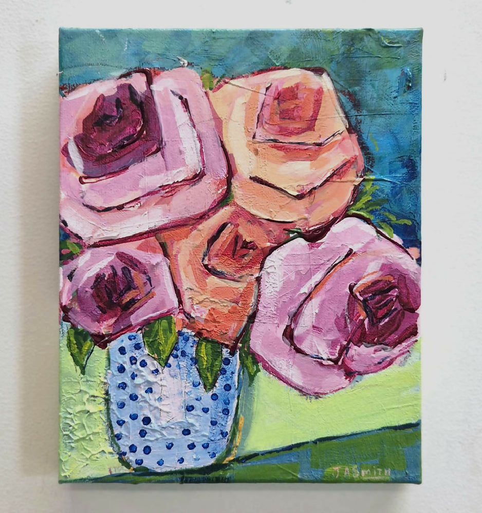 Contemporary floral painting - small - Blue Spotted Vase - Julie Ann Smith - australia