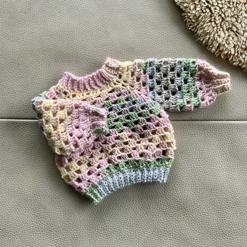 Baby Jumper, Cream and Pastel Coloured Crochet Granny Stitch Jumper