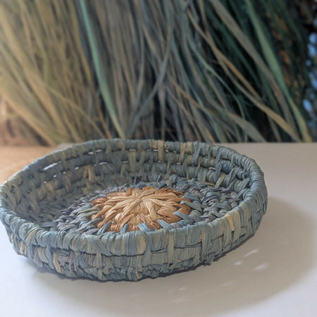 Handwoven Round Basket Sky Blue & Natural Palm Raffia