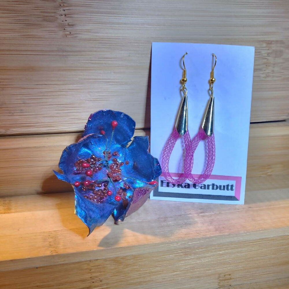 Pink nylon mesh dangle earrings loop style.