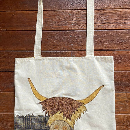 Highland Cow Calico Tote Bag - Appliqued