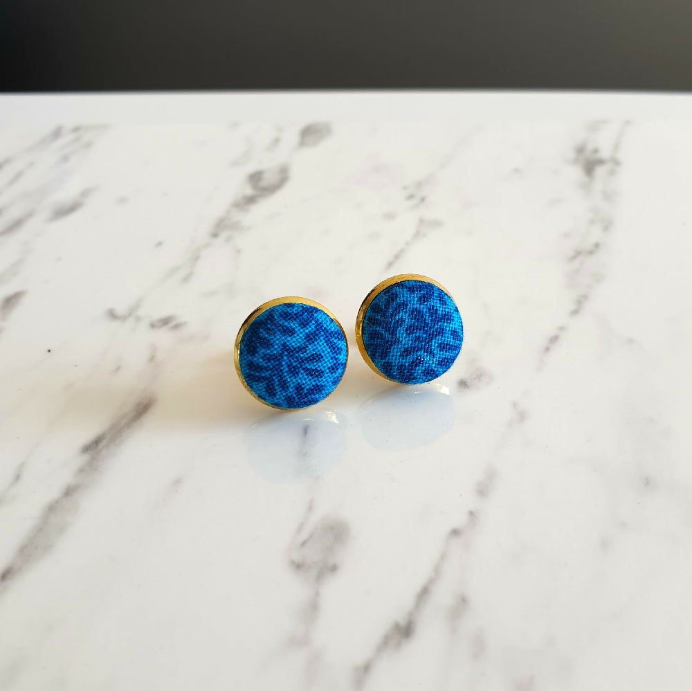 1.4cm Round Blue Plants cotton fabric Cabochon stud earrings