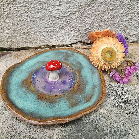 Mushroom incense dish speckled brown clay