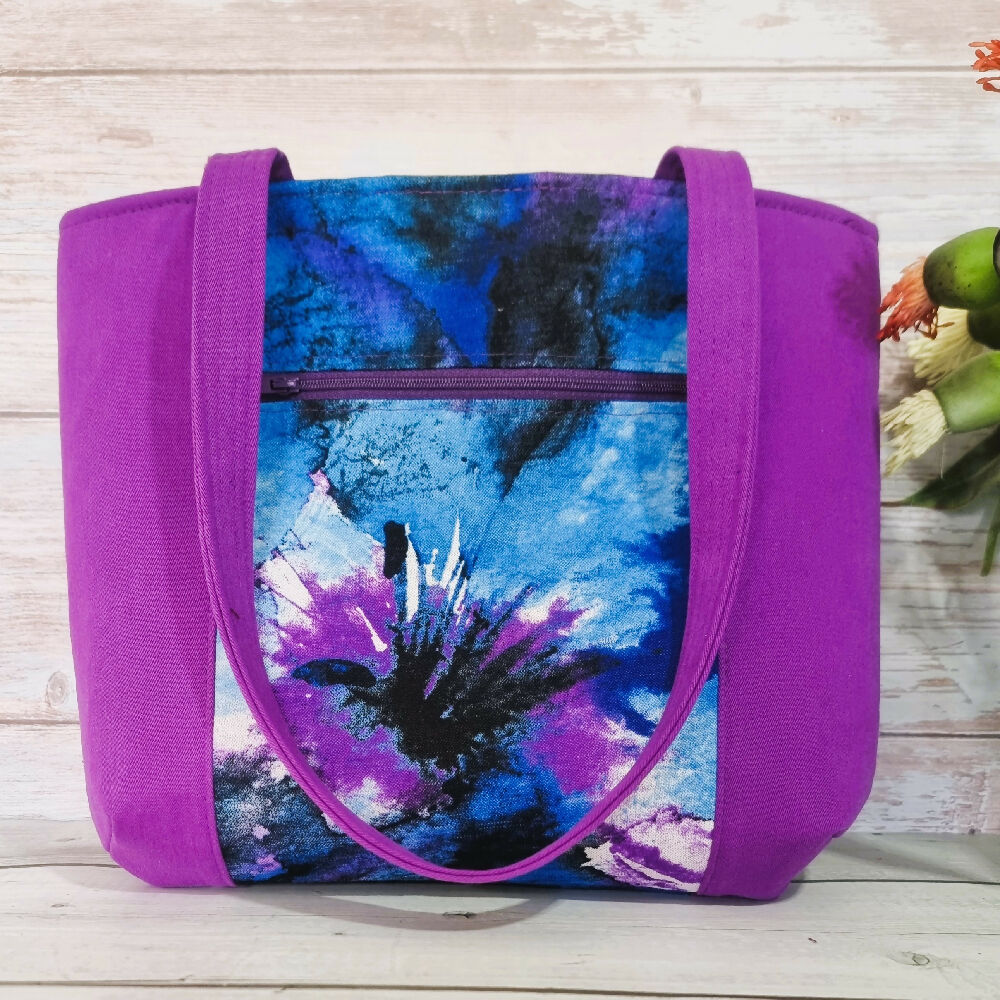 Upcycled small tote bag - purple & blue abstract floral