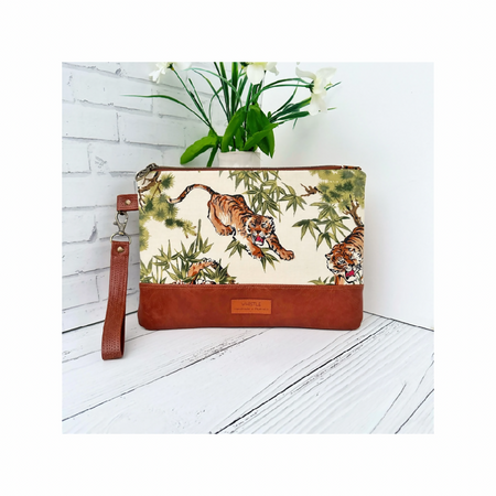 Large Clutch with Wrist Strap - Tiger on Cream