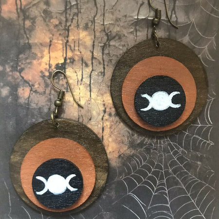 Hand Painted Wooden Earrings with Triple Moon Symbol