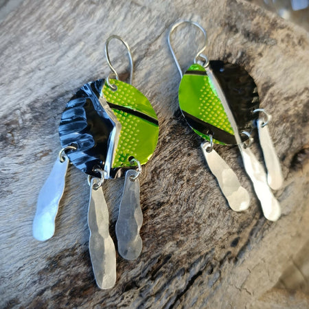 Abstract Dangle Earrings - upcycled drink cans - black / green