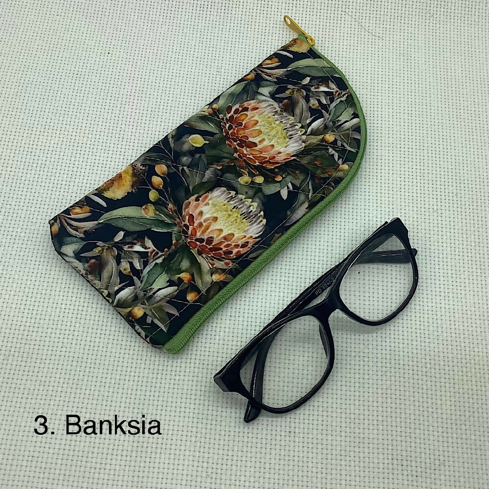 Australian wildflowers curved top zip pouch for glasses, phones, handbag organiser, etc.