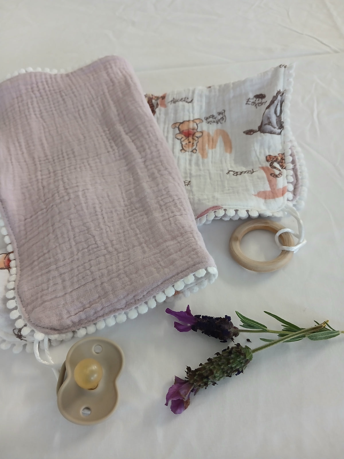 Handmade Double Gauze Dummy Comforter Set of 2 - 35x31cm with Beechwood Teething Ring - Dusty Pink