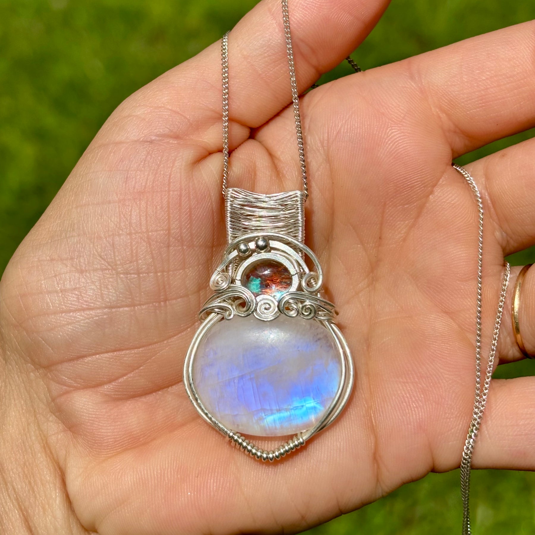 Moonstone Aura Quartz silver crystal pendant