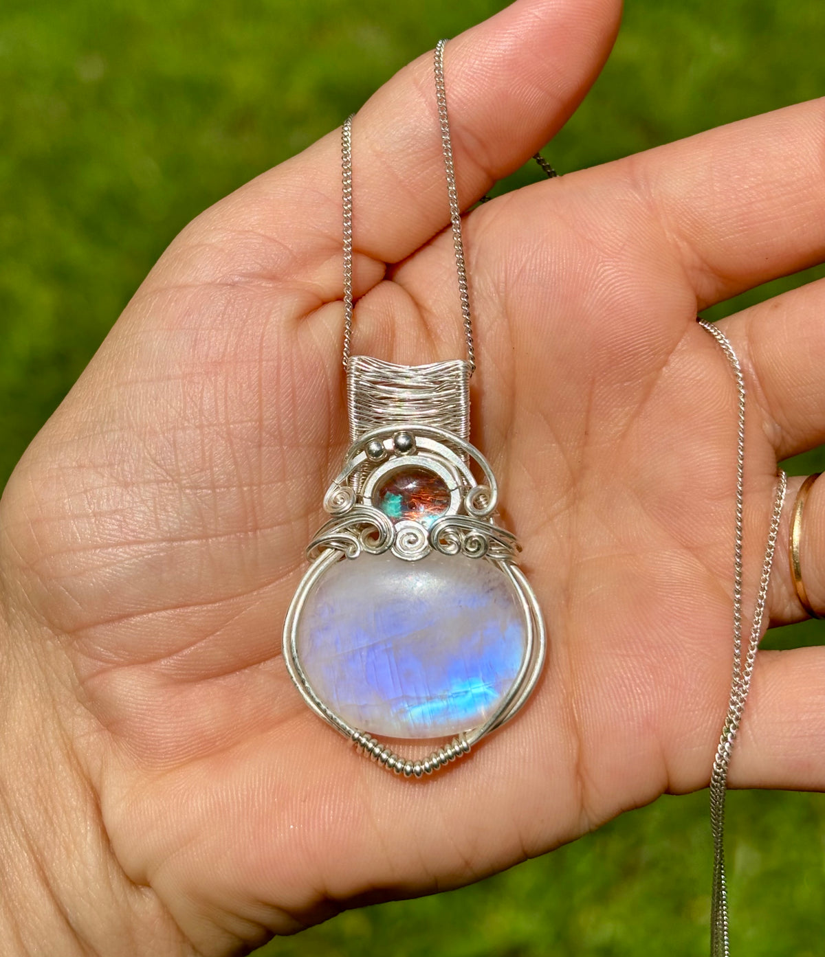 Moonstone Aura Quartz silver crystal pendant