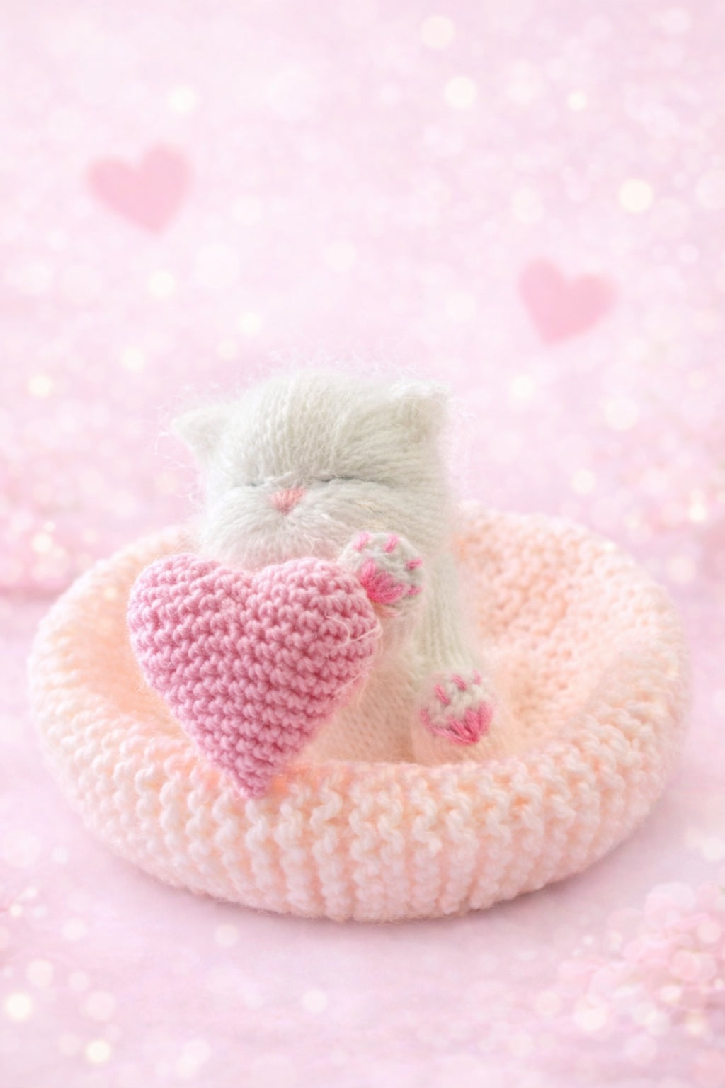 Handmade White Knitted Sleeping Kitty with Heart Toy 💕🐾