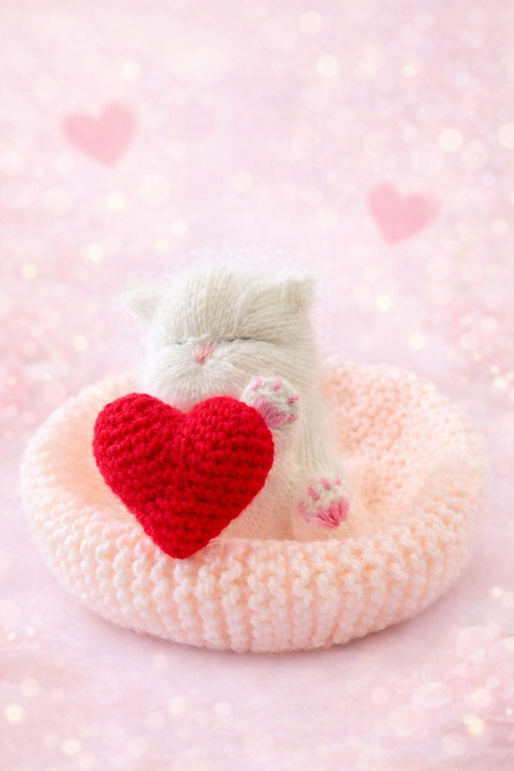 Handmade White Knitted Sleeping Kitty with Heart Toy 💕🐾