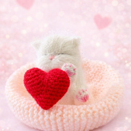 Handmade White Knitted Sleeping Kitty with Heart Toy 💕🐾