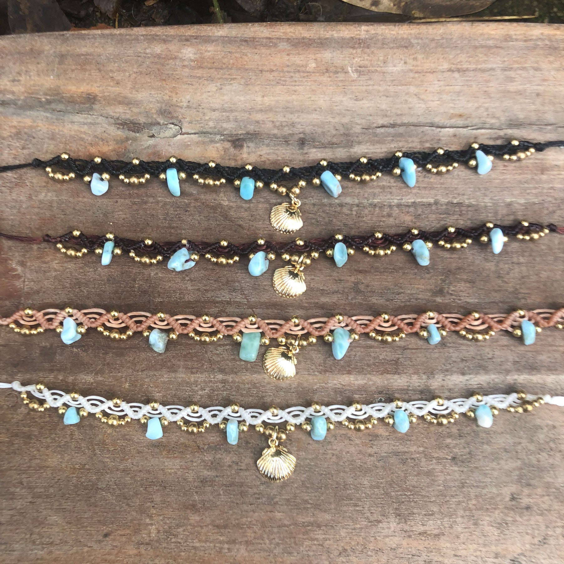 Larimar Gemstone Macrame Anklet: Brass beads and Shell Charm, adjustable