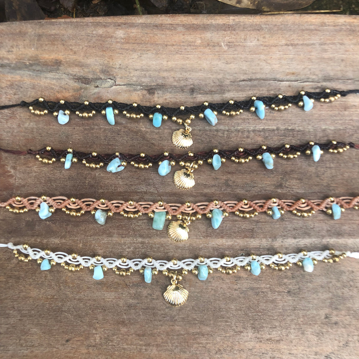 Larimar Gemstone Macrame Anklet: Brass beads and Shell Charm, adjustable