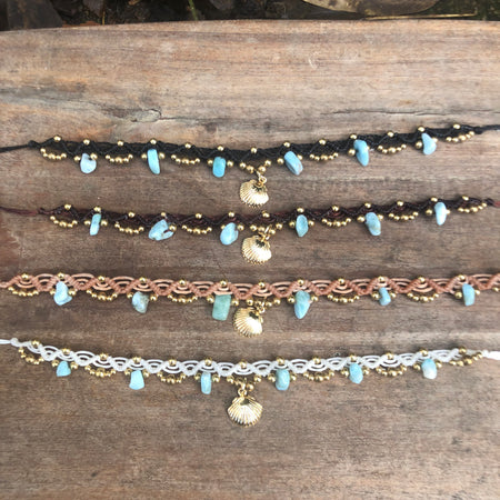 Larimar Gemstone Macrame Anklet: Brass beads and Shell Charm, adjustable
