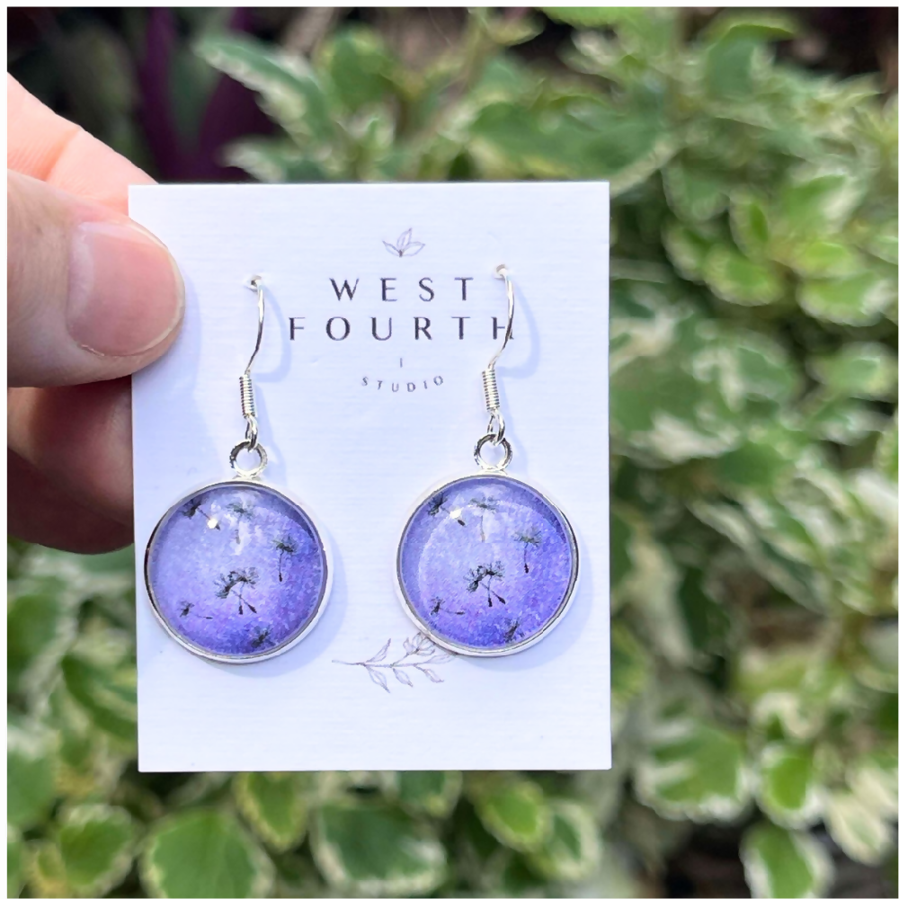 Purple-dandelion-earrings-outside-west-4th-studio