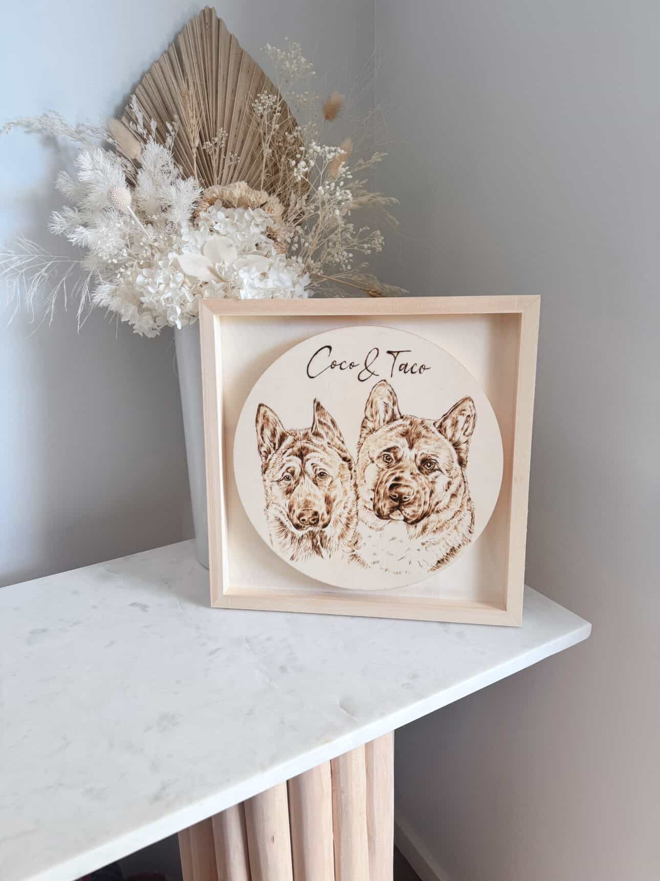 Custom Pet Portrait on Plywood – 30x30 cm Framed Handmade Pyrography Woodburning Art