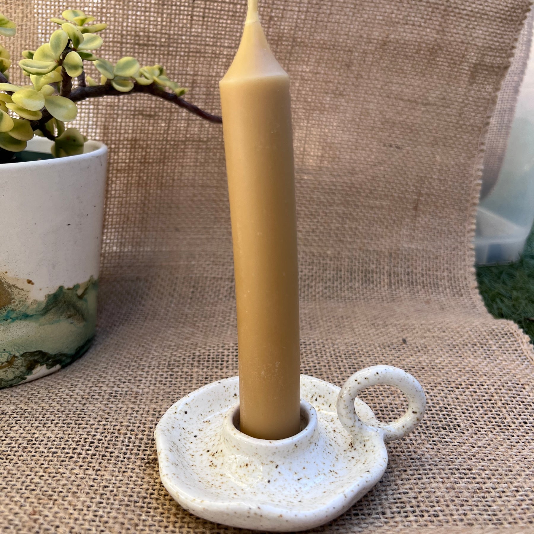 Petite Ceramic candlestick holder with Beeswax candle.