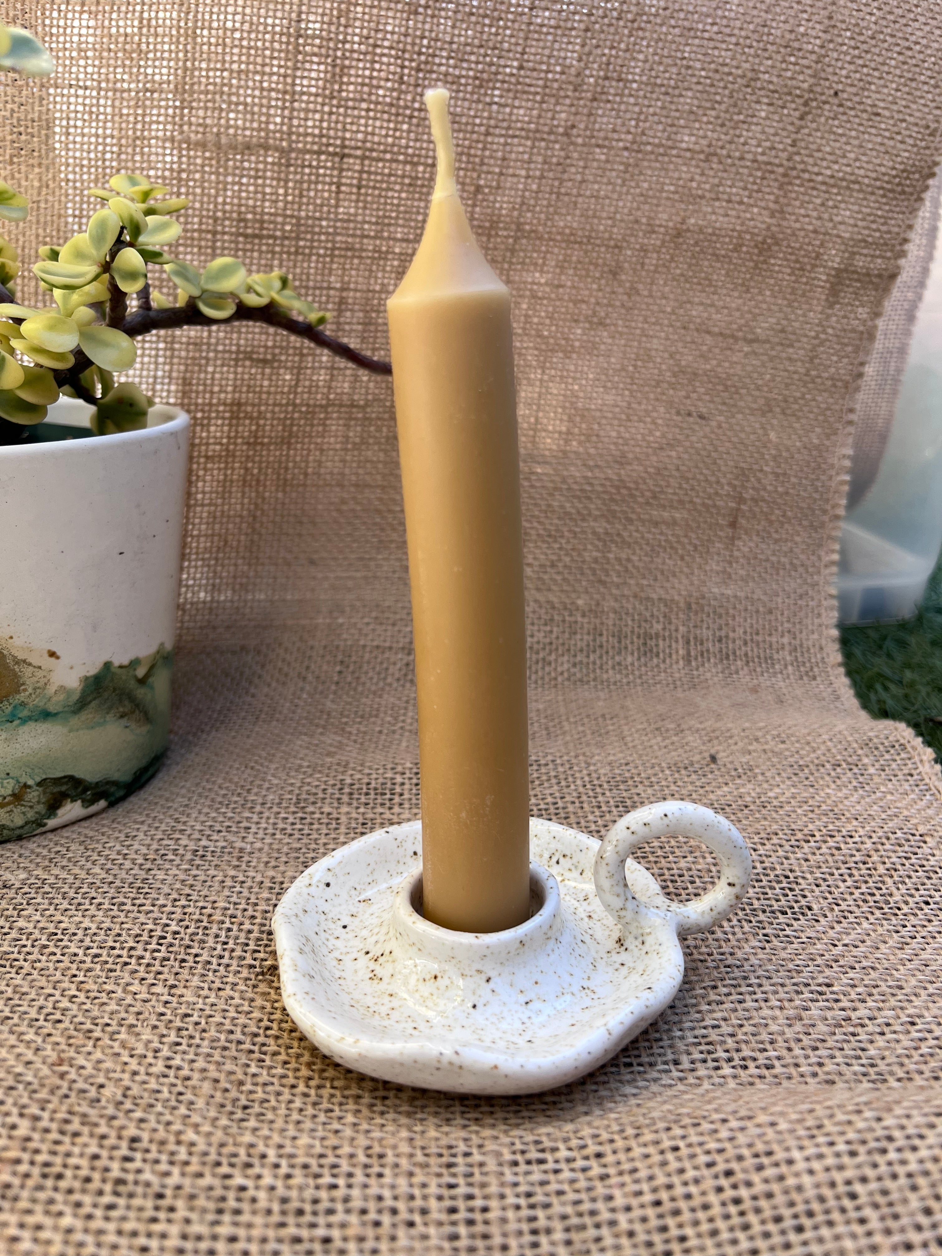 Petite Ceramic candlestick holder with Beeswax candle.