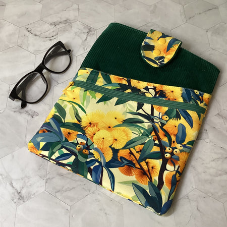 Australian Wattle fabric book sleeve with 2 pockets. iPad, tablet pouch