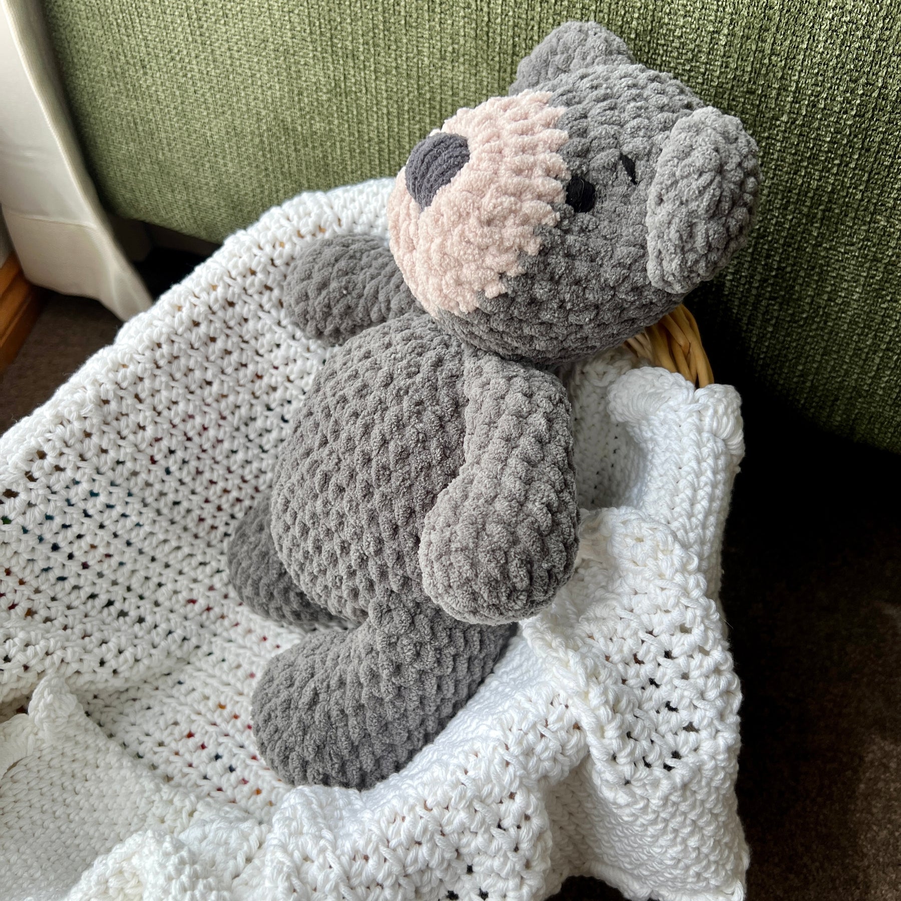 Handmade modern crochet large toy teddy plushie.