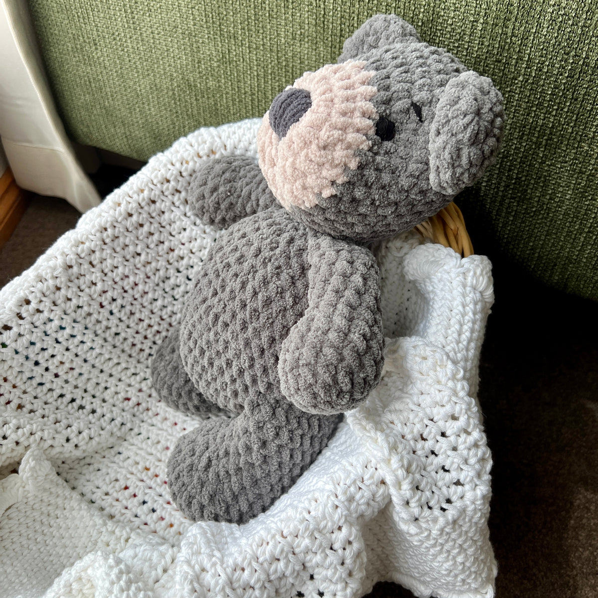 Handmade modern crochet large toy teddy plushie.