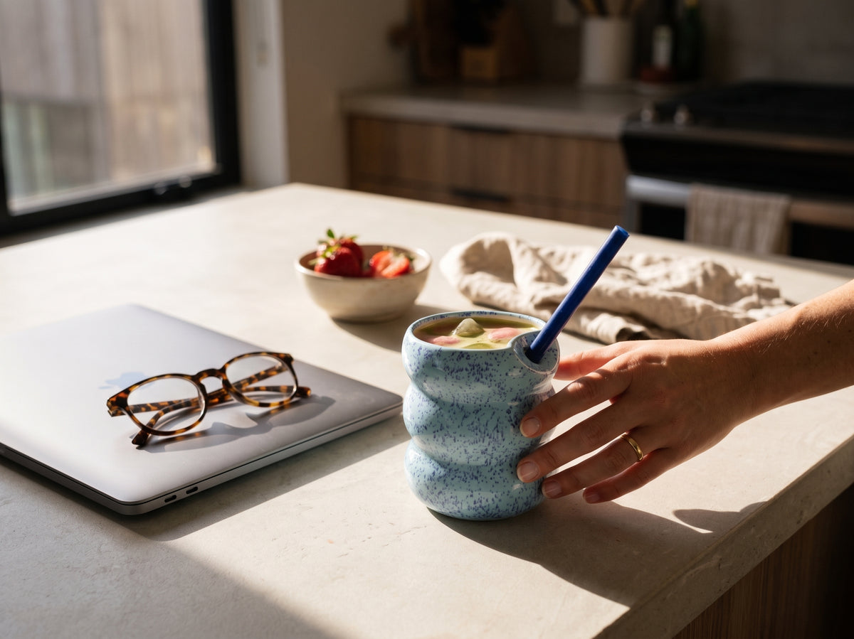 Handcrafted Porcelain Tumbler with Silicon Straw, 600mL Bubble Cup in Blue Mist Glaze