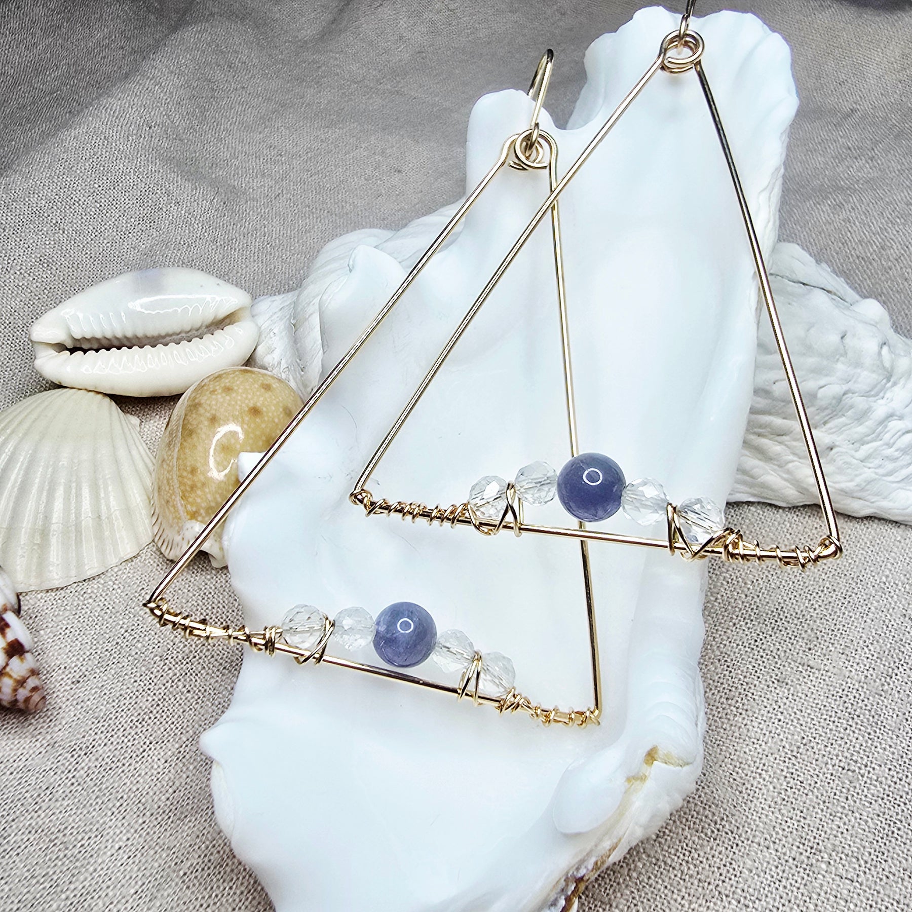 Large Triangle 14kt GF Earrings with Tanzanite & Quartz