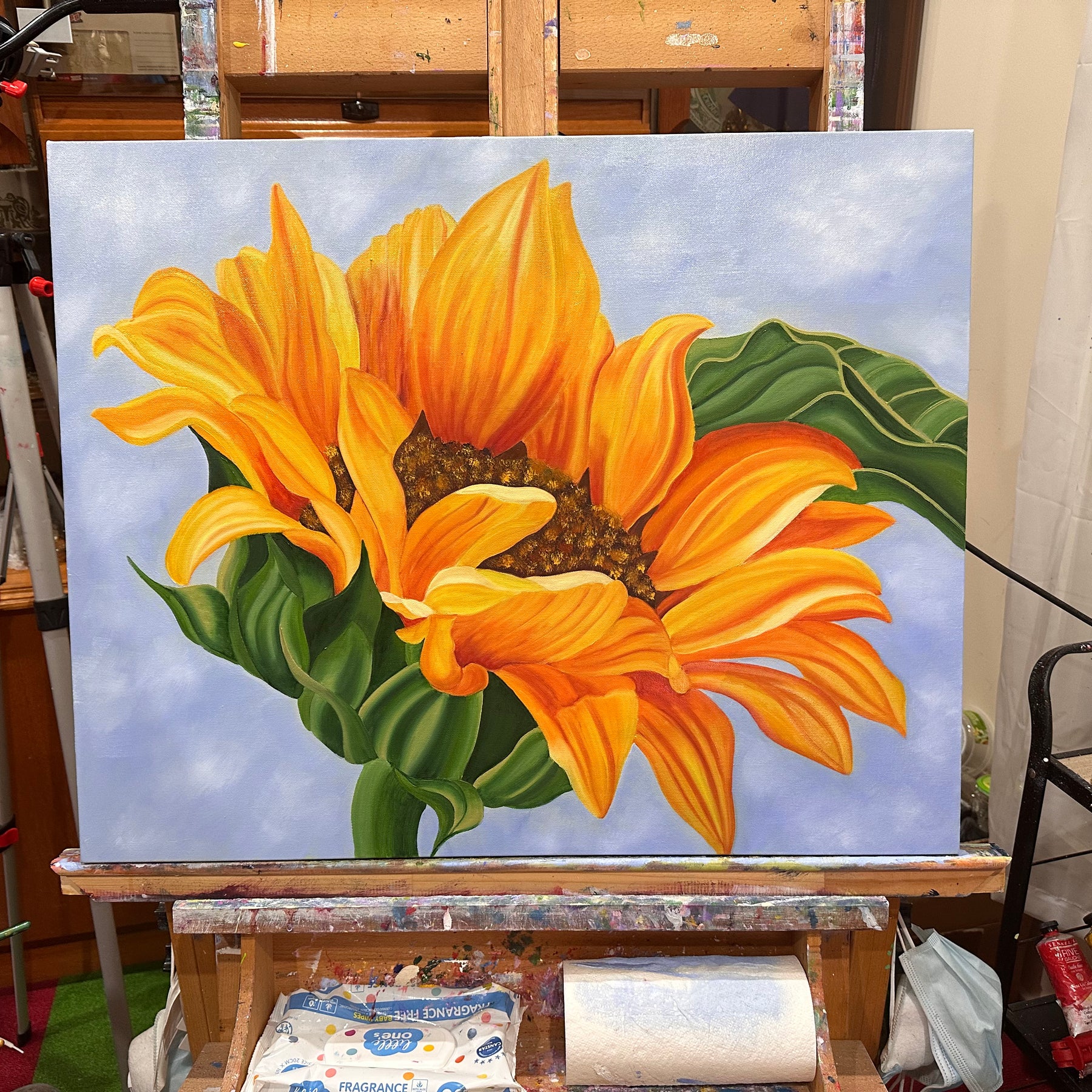 Sunshine Beneath a Blue Sky - Original Oil Painting of a Sunflower - Hand Painted