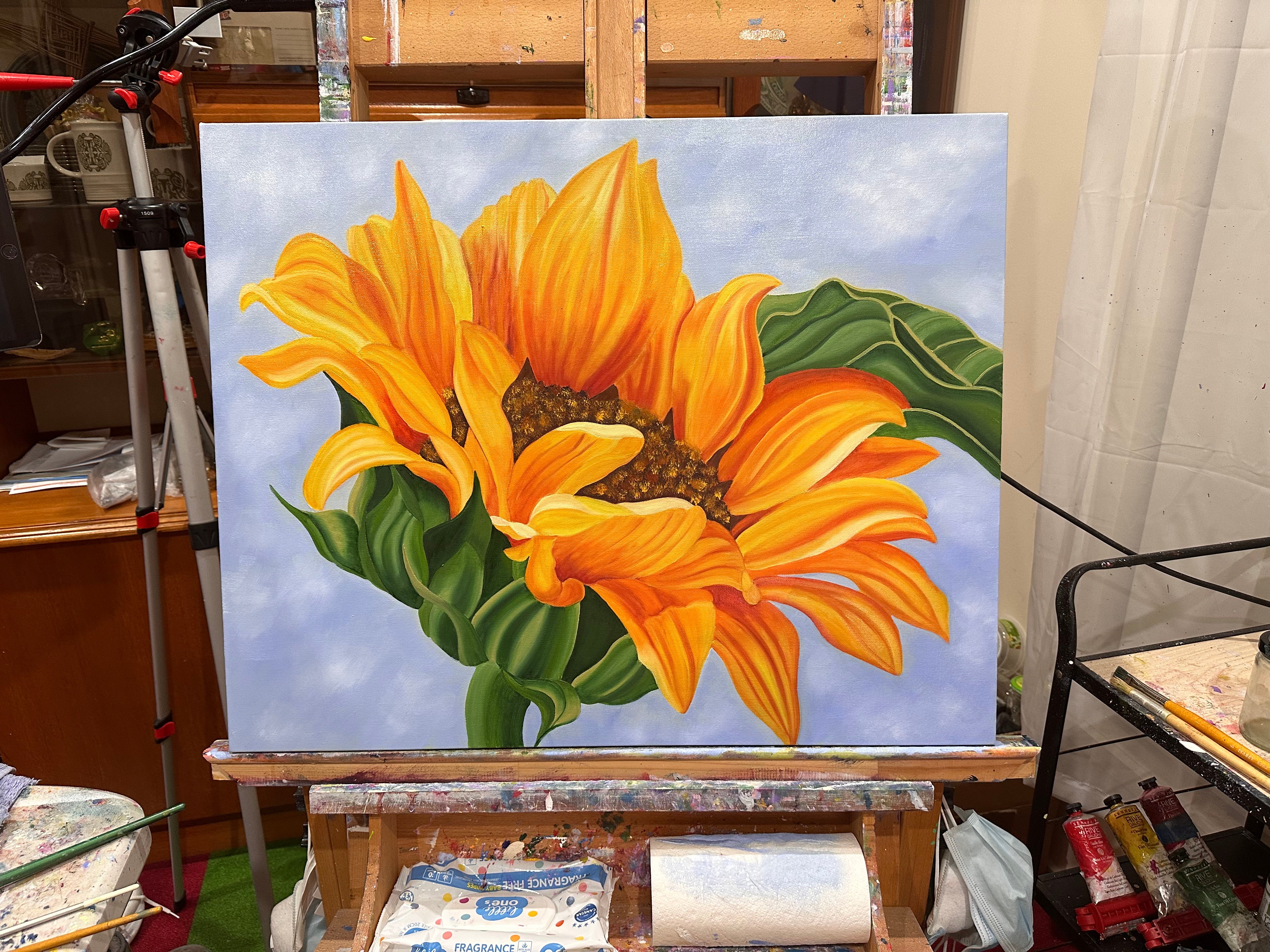 Sunshine Beneath a Blue Sky - Original Oil Painting of a Sunflower - Hand Painted