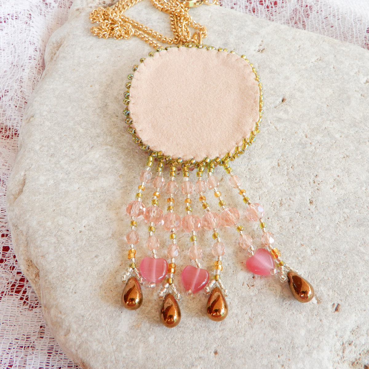 Bead Embroidered Polymer Clay Rose Pendant