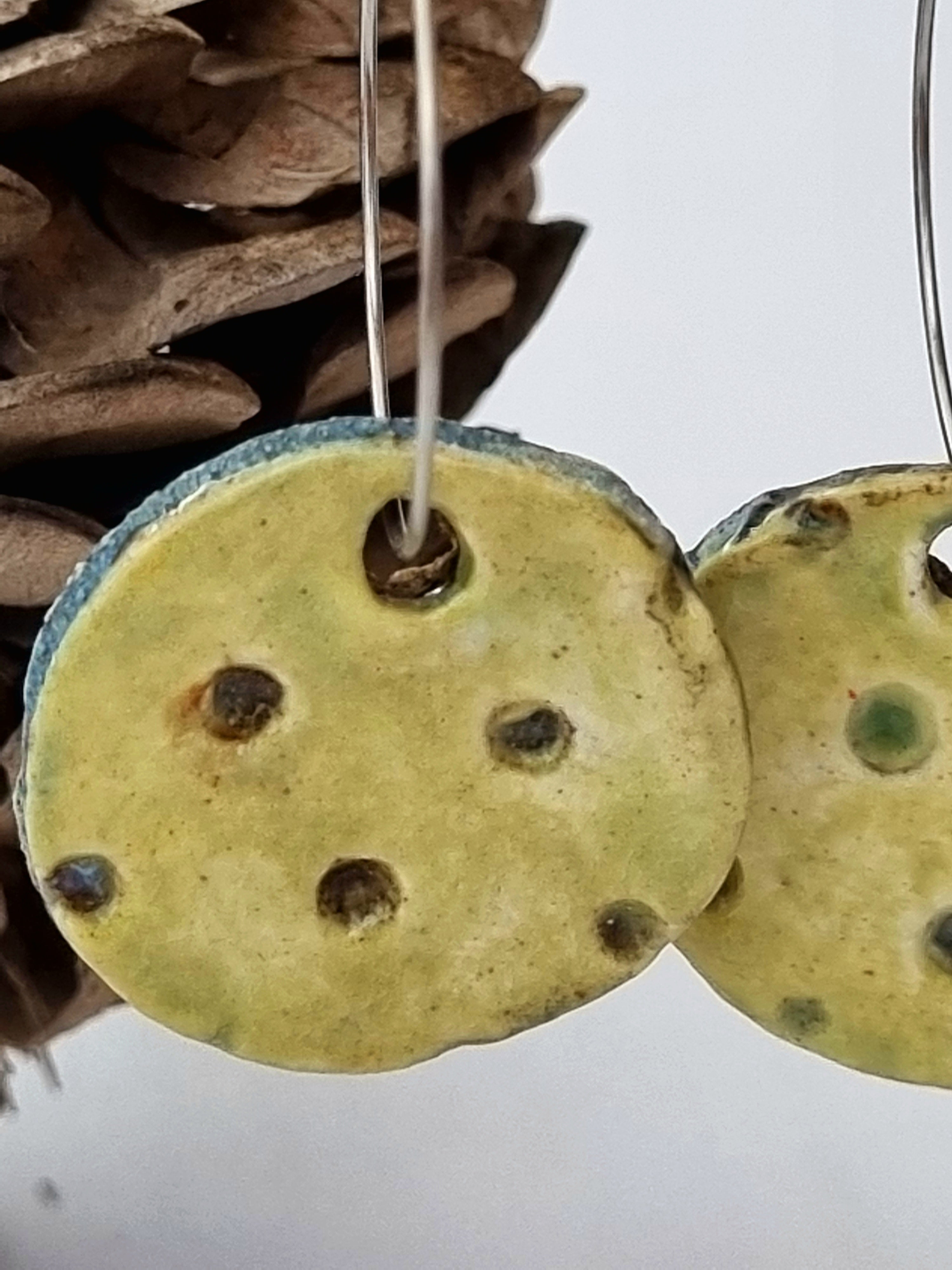 Handmade Stoneware Ceramic Earrings, chartreuse multi-coloured, 28mm diameter, pierced ears