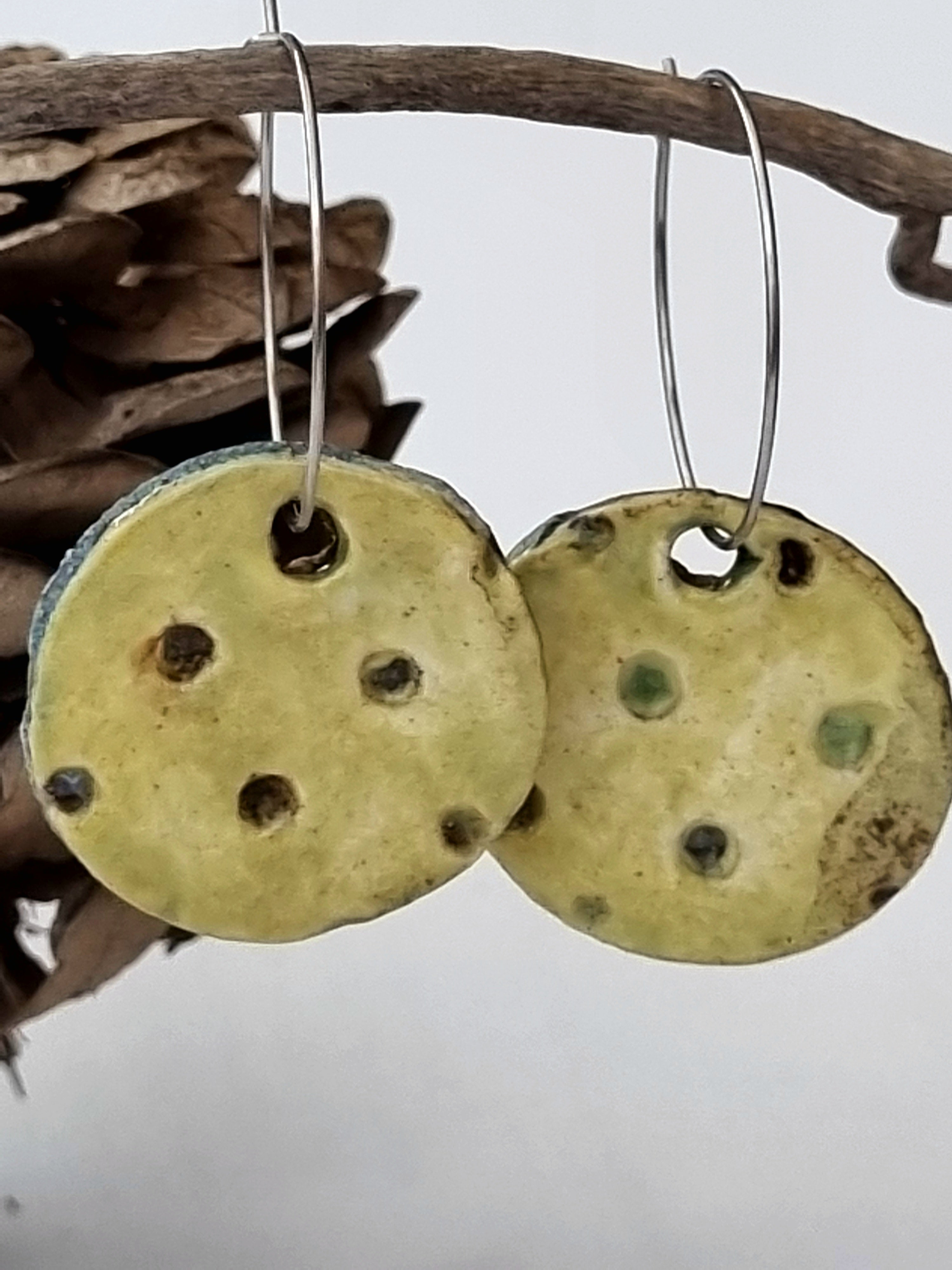 Handmade Stoneware Ceramic Earrings, chartreuse multi-coloured, 28mm diameter, pierced ears