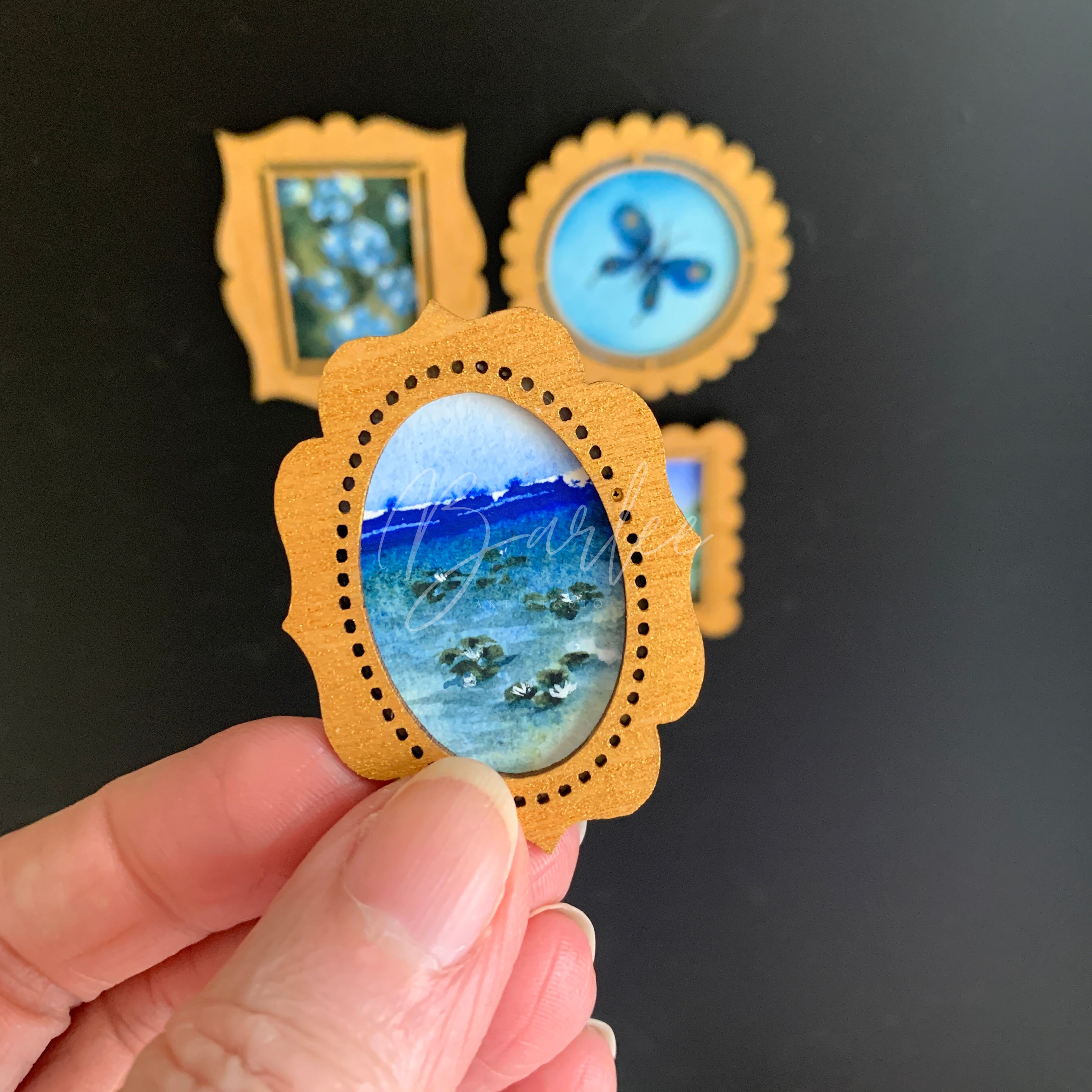 Hand Painted Fridge Magnet Set - 4 Framed Mini Paintings