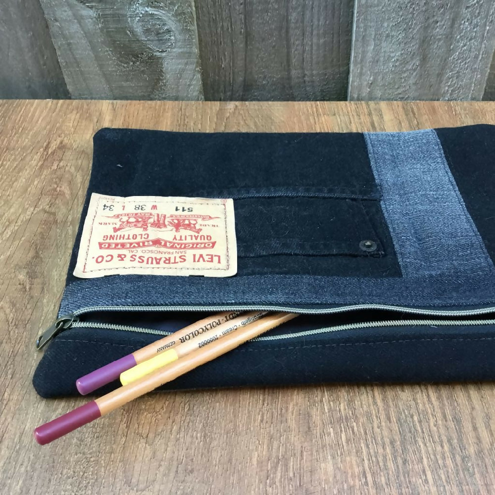 Black Upcycled Denim Pencil Case - Levi Patch