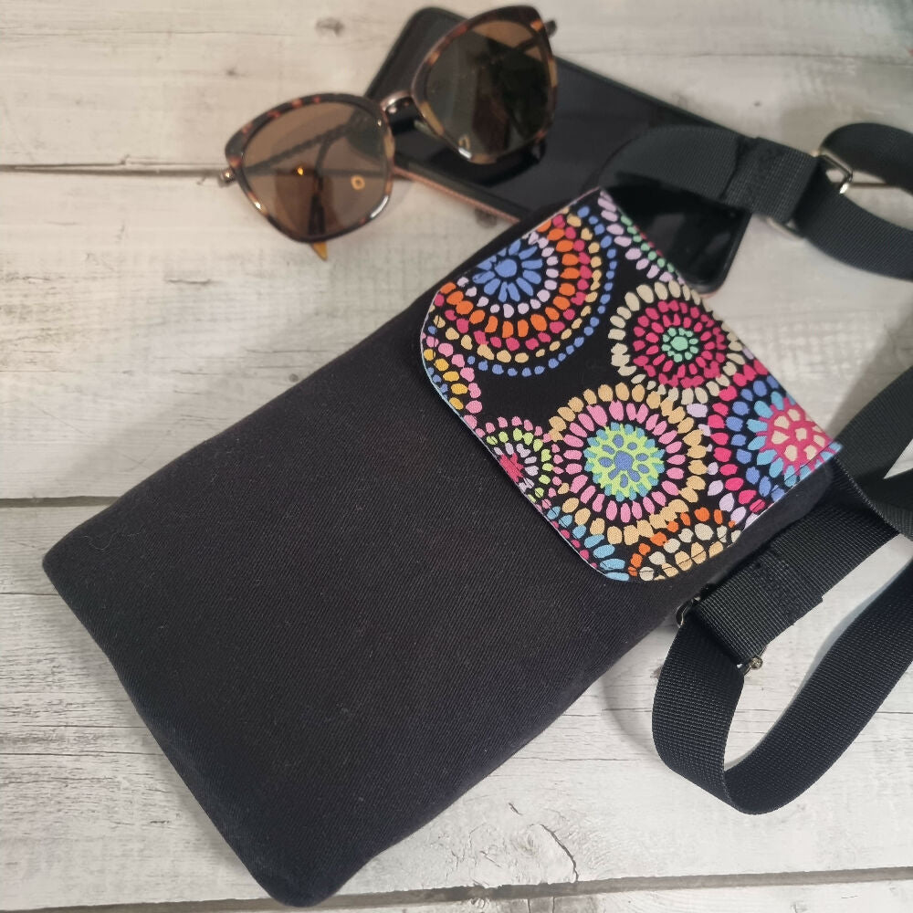 Upcycled mobile phone crossbody - black & rainbow