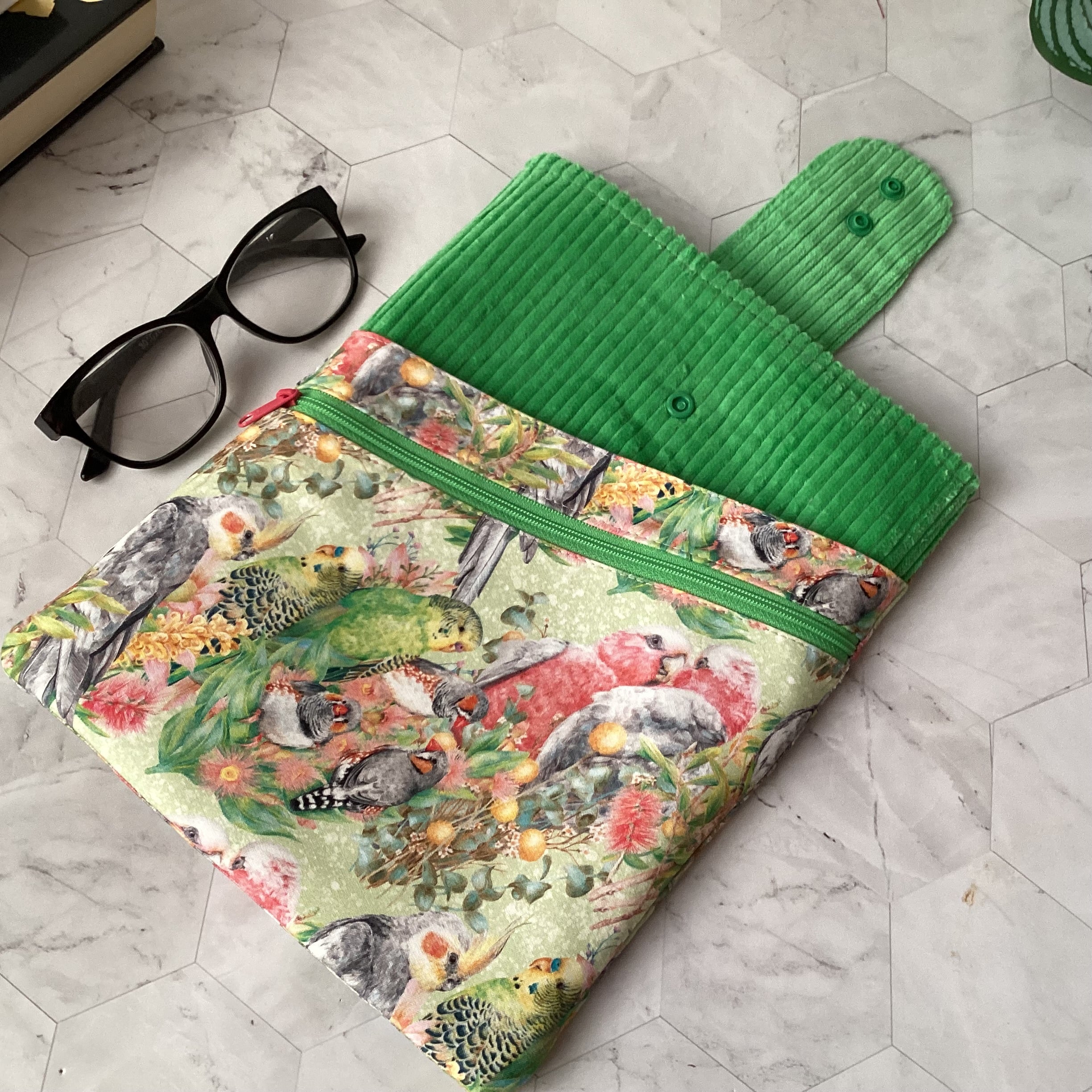 Australian Birds fabric book sleeve with 2 pockets. iPad, tablet pouch