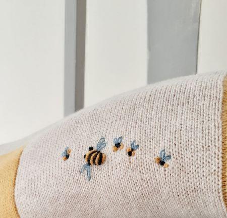 Hand Embroidered Baby Blanket • Cotton Knit Bee Blanket • Newborn Gift Mustard Grey Oatmeal
