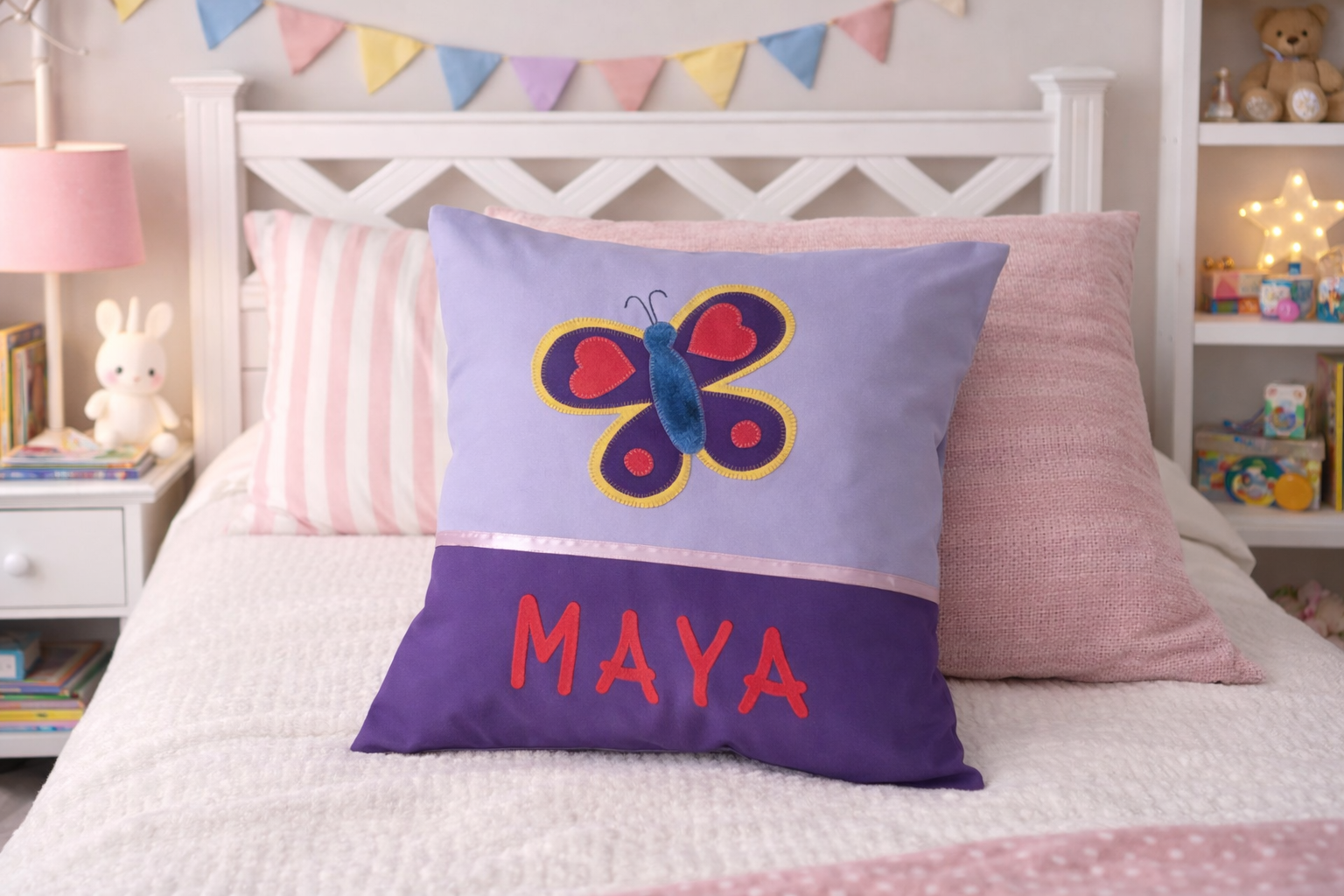 Personalised Kids Cushion | Custom Name Pillow | Handmade Applique Cushion | Nursery Decor - Butterfly