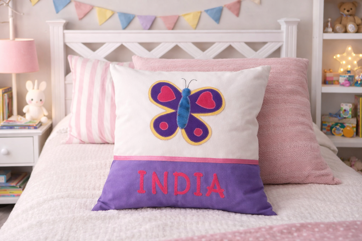 Personalised Kids Cushion | Custom Name Pillow | Handmade Applique Cushion | Nursery Decor - Butterfly