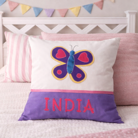 Personalised Kids Cushion | Custom Name Pillow | Handmade Applique Cushion | Nursery Decor - Butterfly