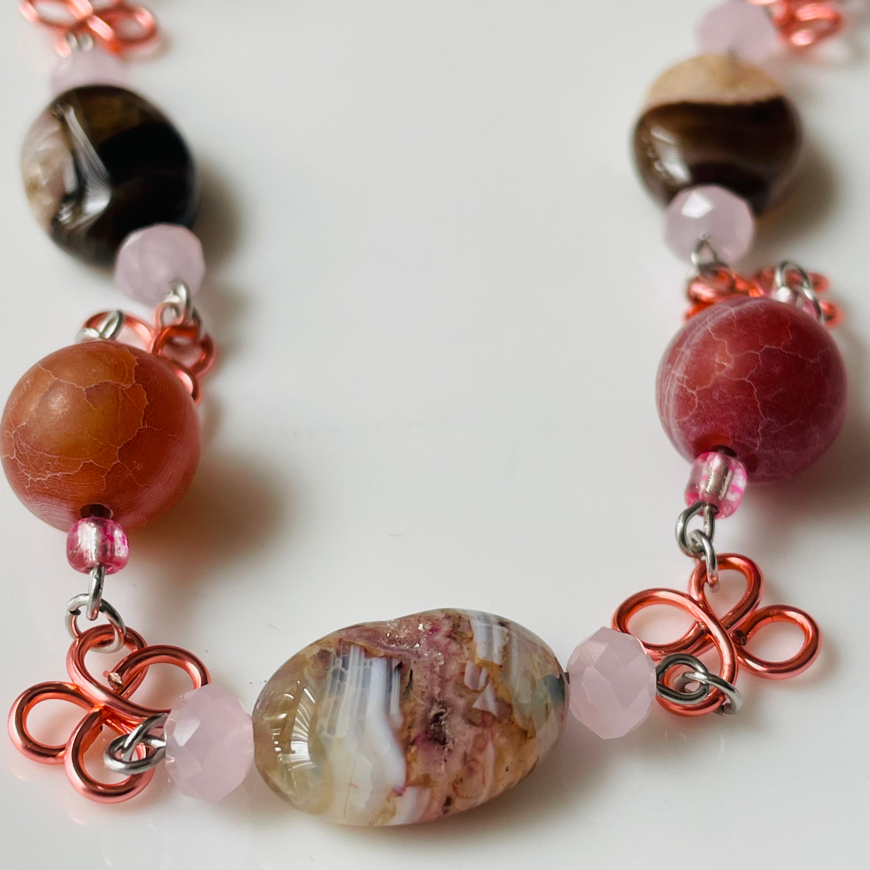 Unique Pink and Brown Swirl Gemstone Necklace with Wire