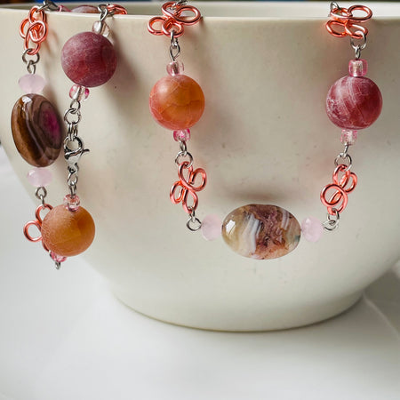 Unique Pink and Brown Swirl Gemstone Necklace with Wire