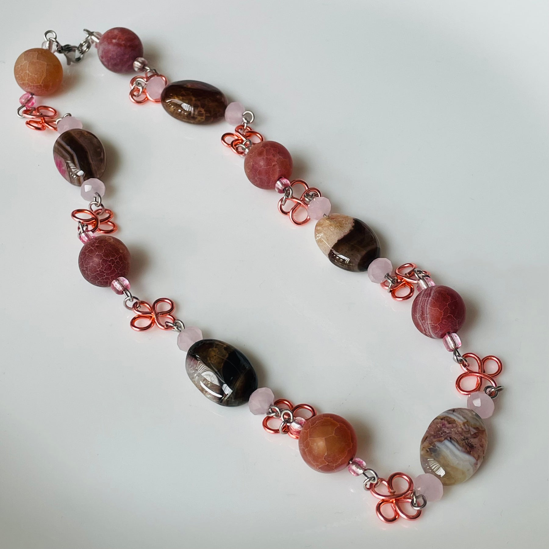 Unique Pink and Brown Swirl Gemstone Necklace with Wire
