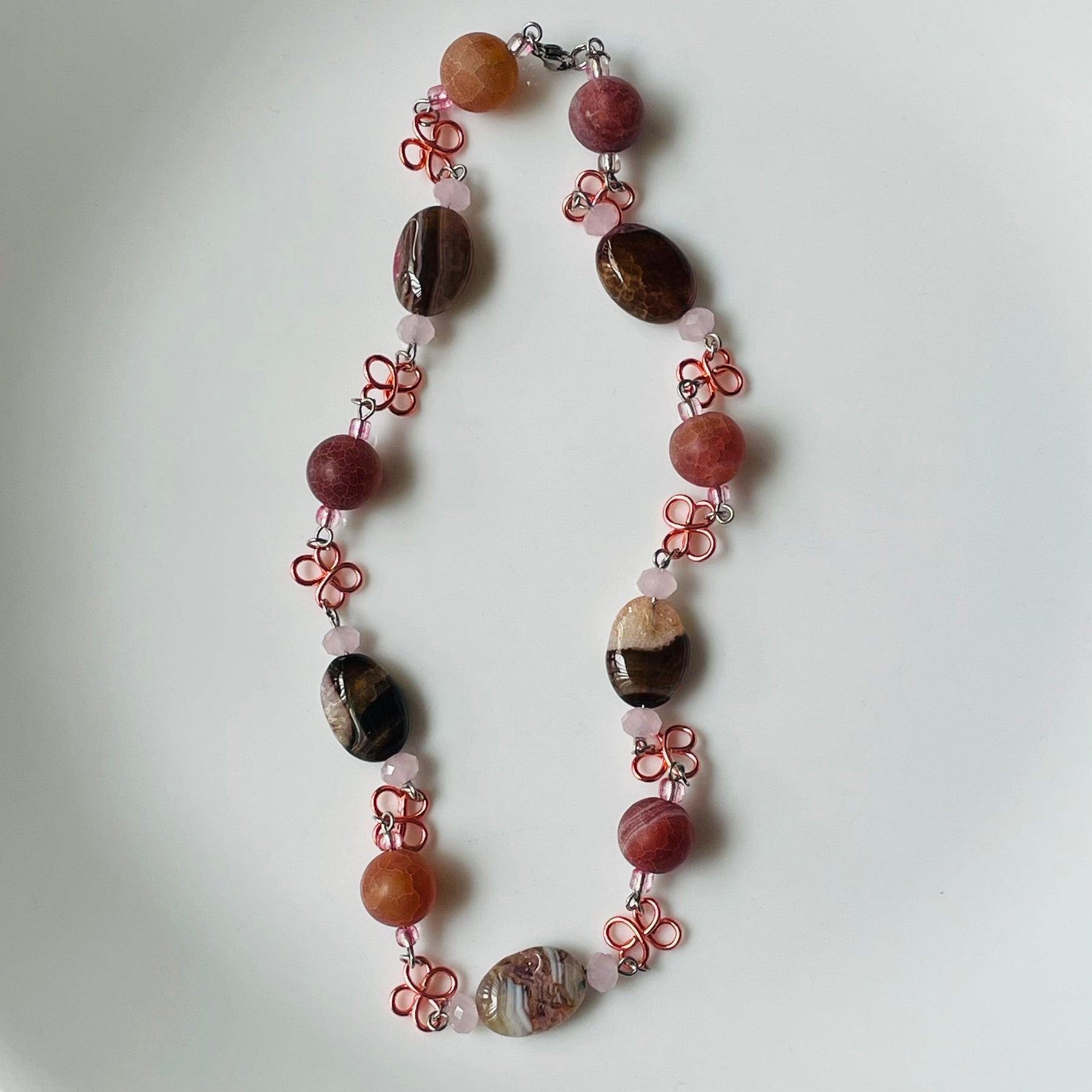 Unique Pink and Brown Swirl Gemstone Necklace with Wire