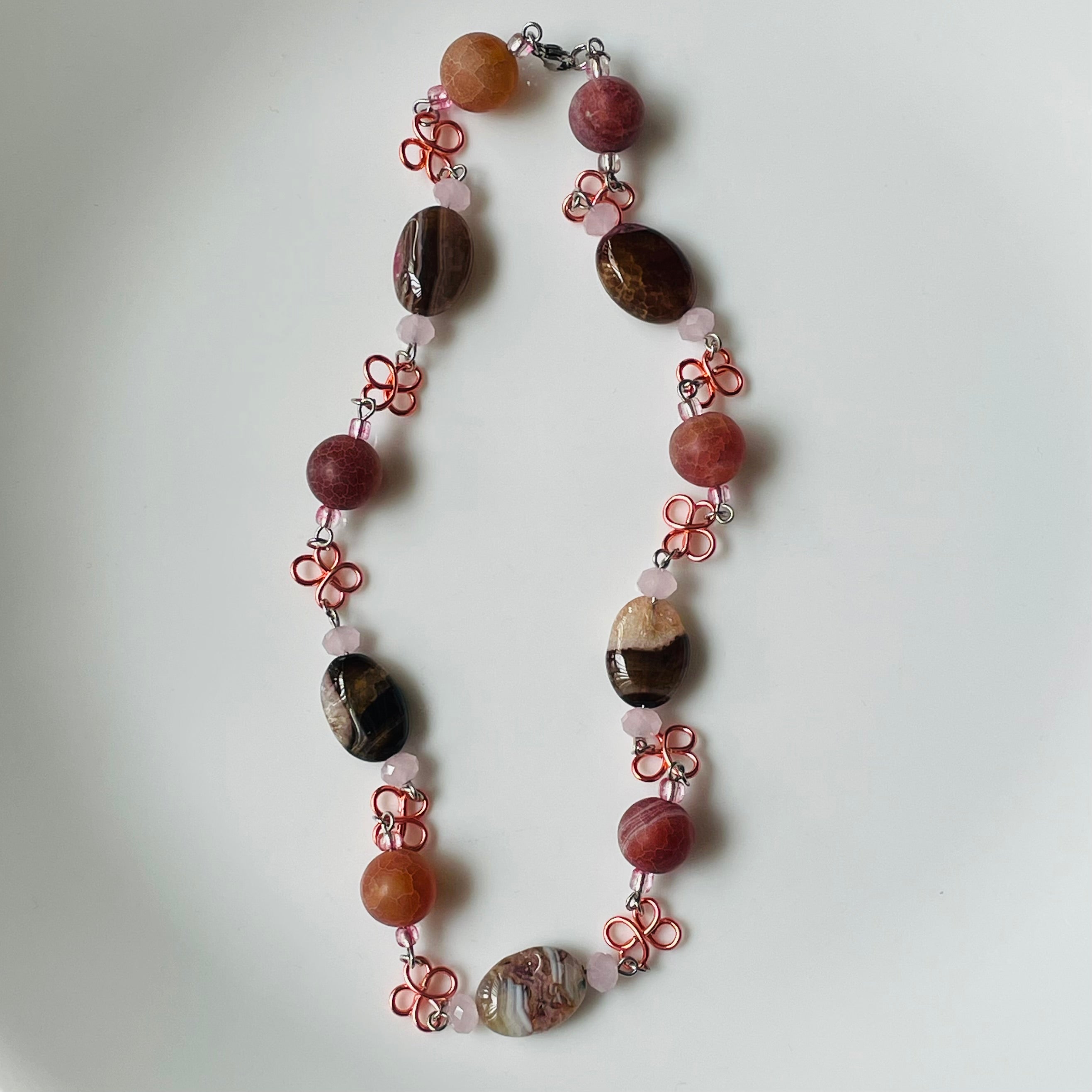 Unique Pink and Brown Swirl Gemstone Necklace with Wire